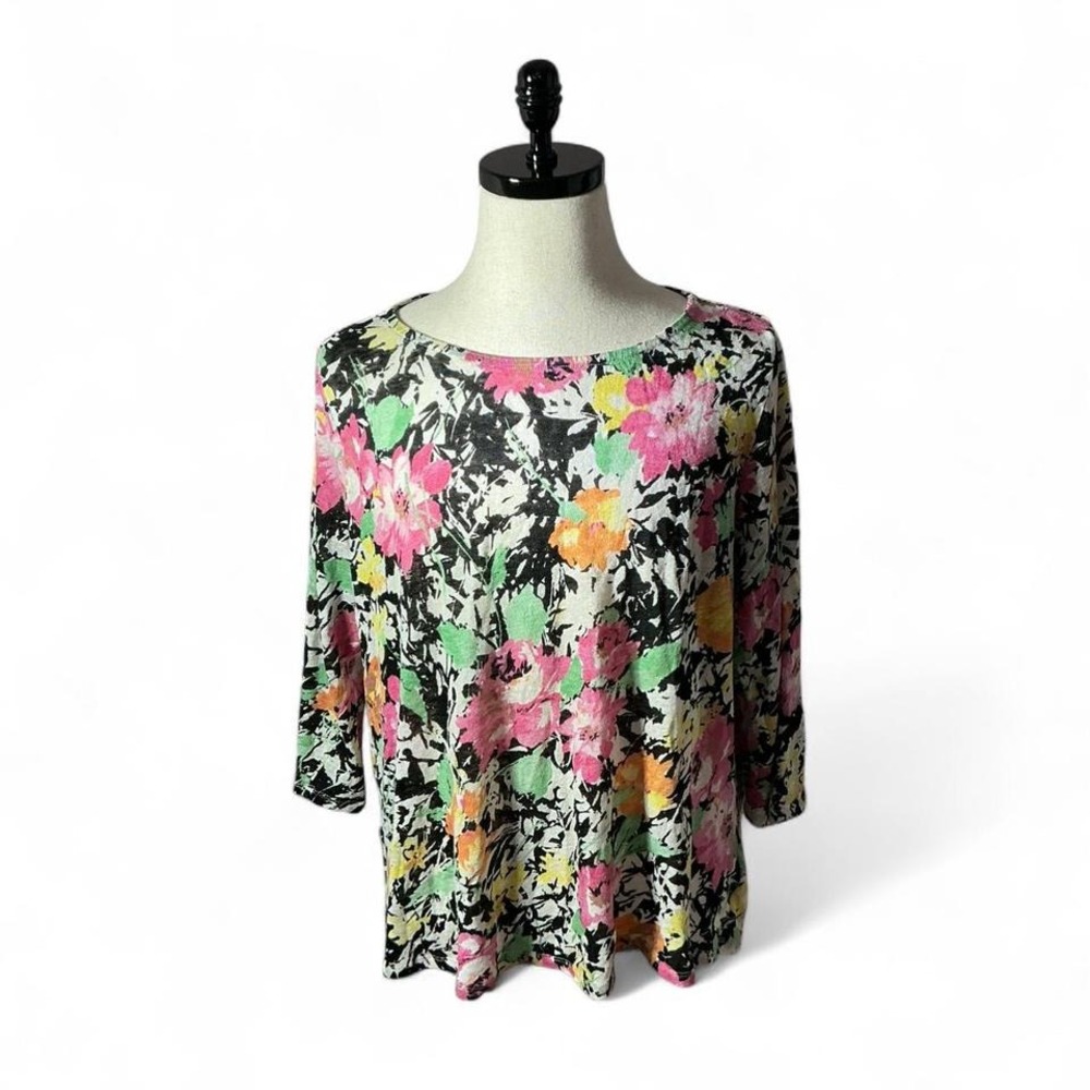 Lauren Ralph Lauren Floral Linen Top Womens 3X Multicolor 3/4 Sleeve Boatneck